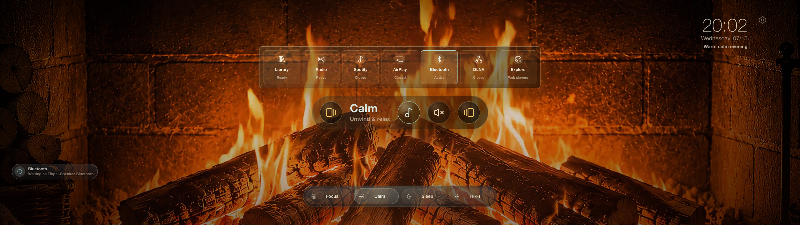 Tikpal Speaker source picker with Explore and connected music sources